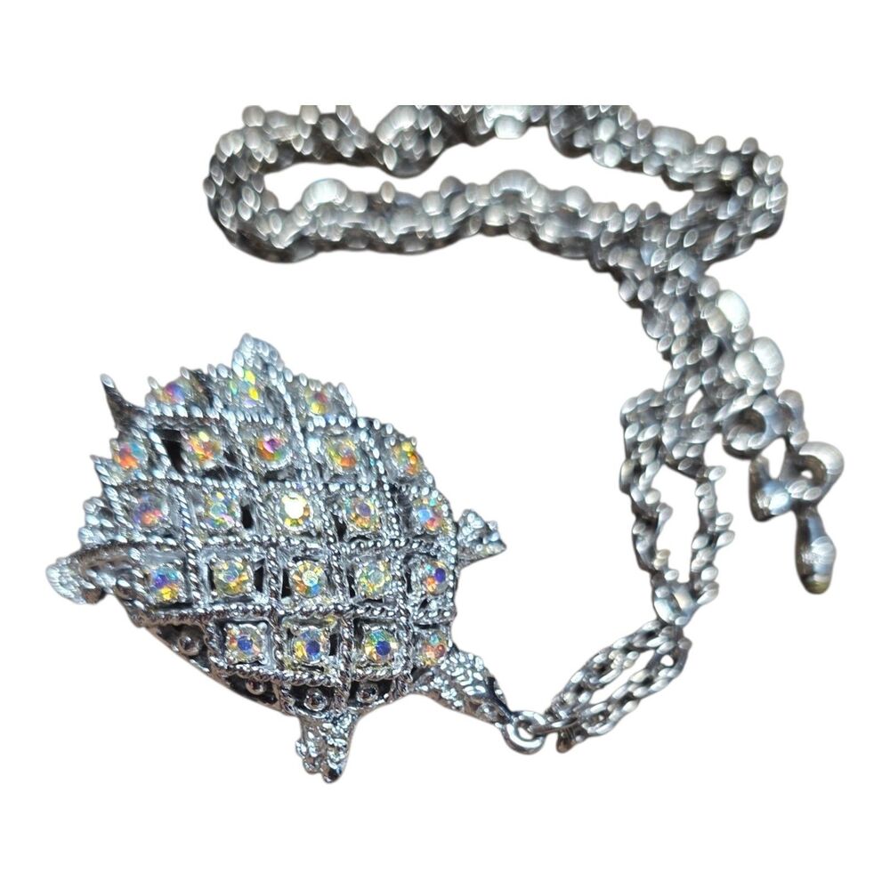 Vtg Silver Tone Chain Necklace Aurora Borealis Crystal Turtle Pendant 22"